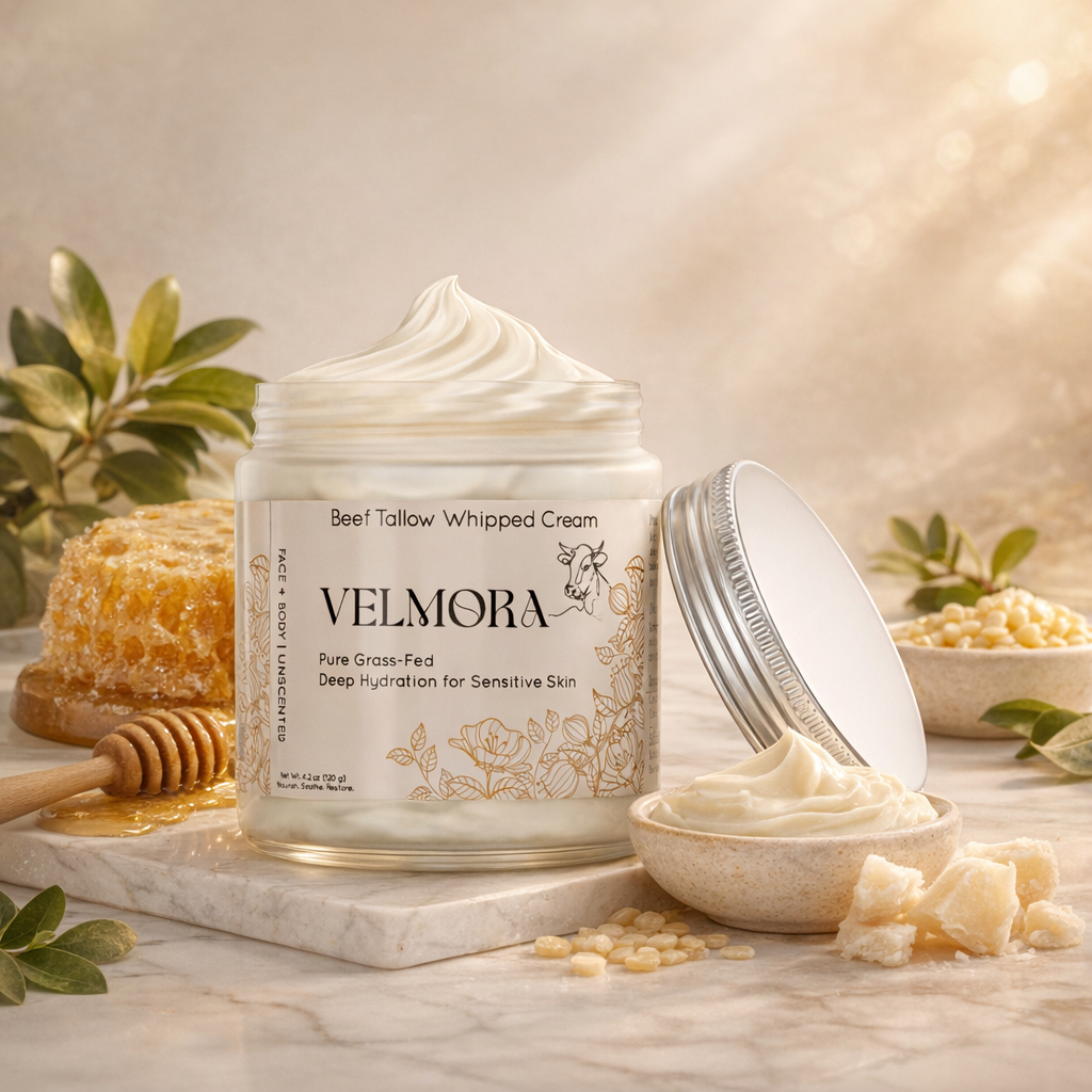 Velmora Whipped Beef Tallow for Skin — 4.2 oz | Grass-Fed Face & Body Moisturizer | Rich in Vitamins A, D, E & K | Unscented Natural Skin Balm for Dry, Sensitive & Mature Skin
