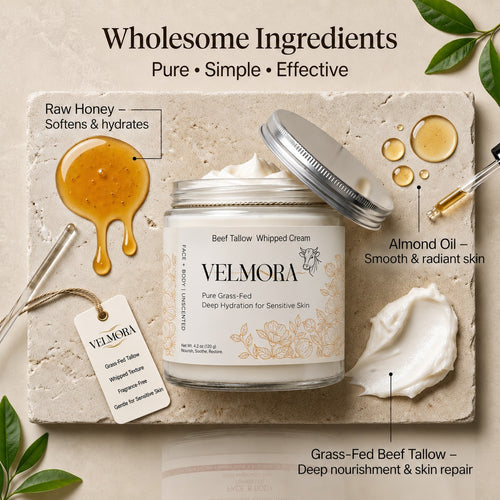 Velmora Whipped Beef Tallow for Skin — 4.2 oz | Grass-Fed Face & Body Moisturizer | Rich in Vitamins A, D, E & K | Unscented Natural Skin Balm for Dry, Sensitive & Mature Skin