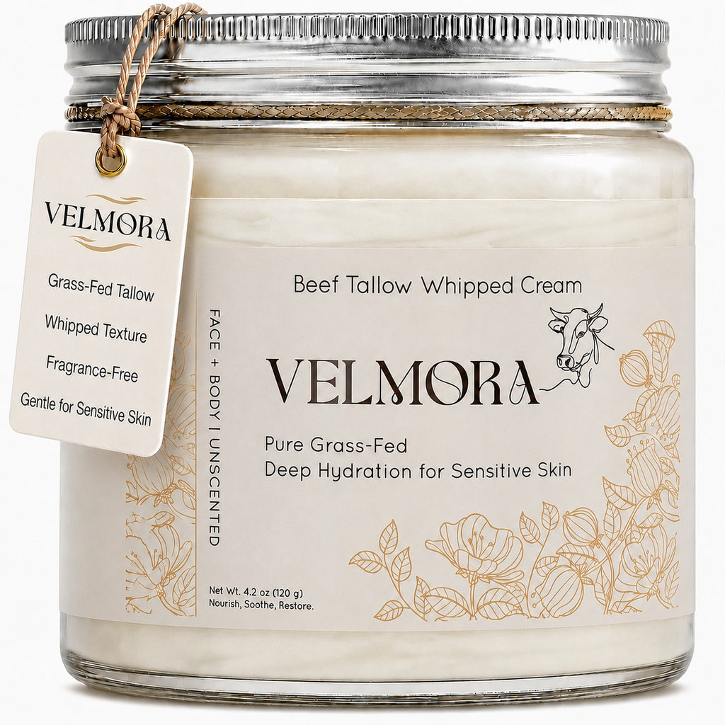 Velmora Whipped Beef Tallow for Skin — 4.2 oz | Grass-Fed Face & Body Moisturizer | Rich in Vitamins A, D, E & K | Unscented Natural Skin Balm for Dry, Sensitive & Mature Skin